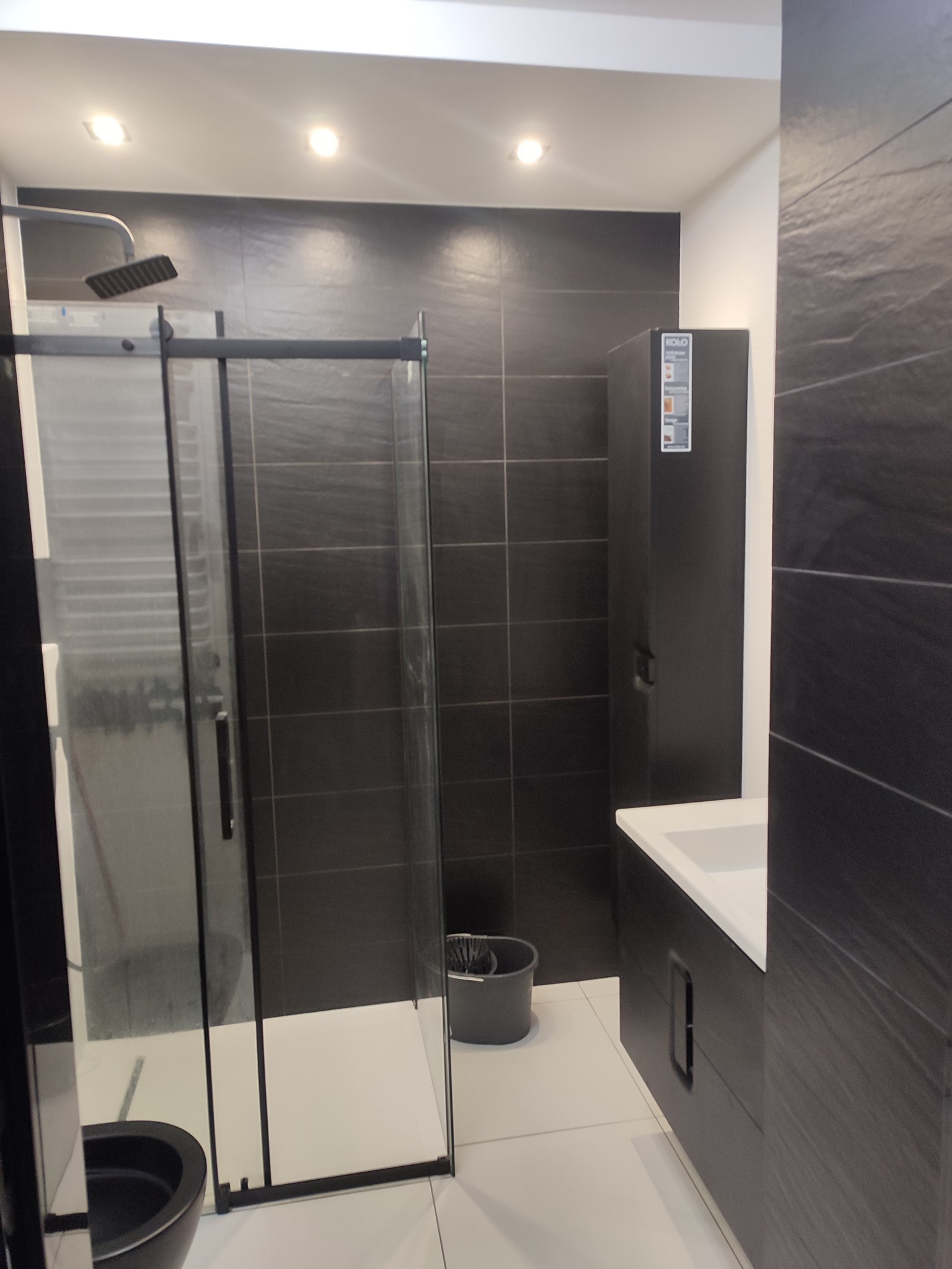 Nowoczesna łazienka z kabiną prysznicową typu walk-in, czarną armaturą i ciemnymi płytkami imitującymi kamień na ścianach, oświetlona punktowymi lampami sufitowymi, z widocznym koszem na śmieci...
