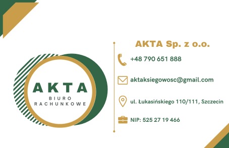 Wizytówka firmy AKTA Sp. z o.o. z adresem w Szczecinie, numerem telefonu, adresem e-mail oraz NIP-em, w kolorystyce zieleni i złota.