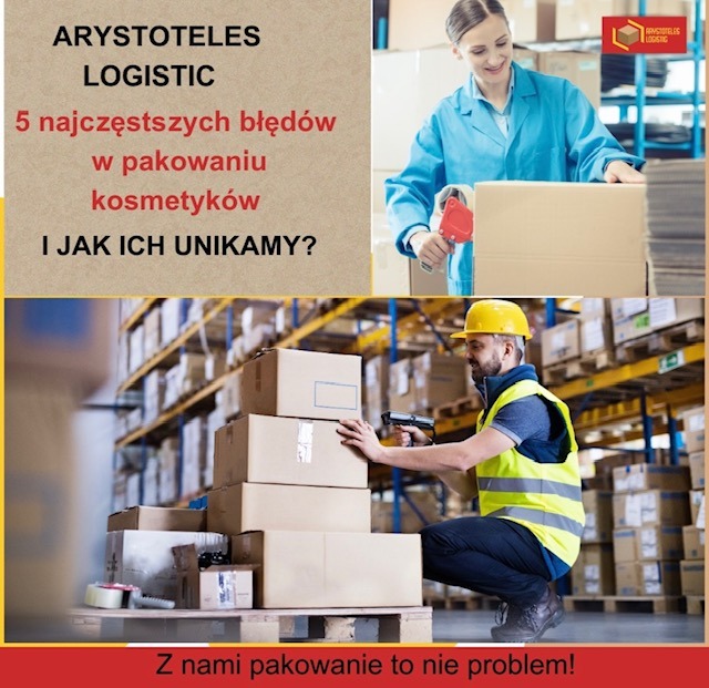 Kobieta zakleja kartonowe pudełko taśmą klejącą, w tle magazyn z wysokimi regałami i pracownik skanujący kod kreskowy na kartonach ułożonych na palecie.