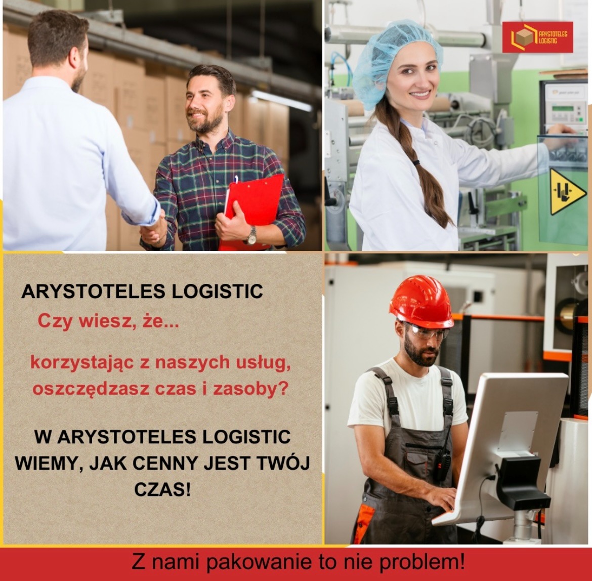 Kolaż zdjęć przedstawiający różne etapy logistyki i obsługi klienta: uścisk dłoni w magazynie, pracownica przy maszynie, pracownik w kasku obsługujący komputer oraz tekst reklamowy firmy.