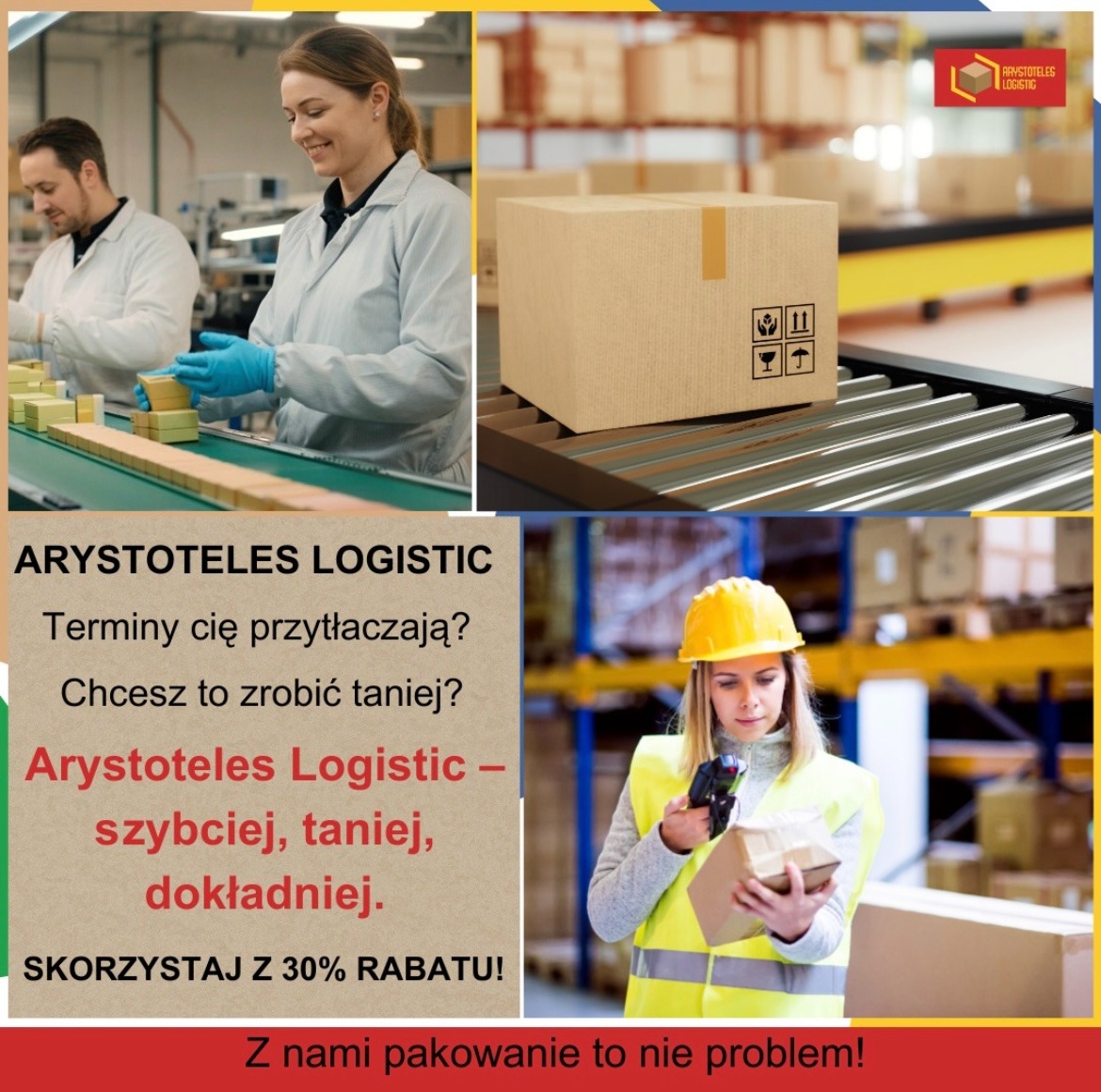 Montaż opakowań z produktami na linii produkcyjnej, karton na taśmociągu w magazynie oraz pracownica skanująca kod paczki, zestawione z reklamą firmy Arystoteles Logistic oferującej 30% rabatu...