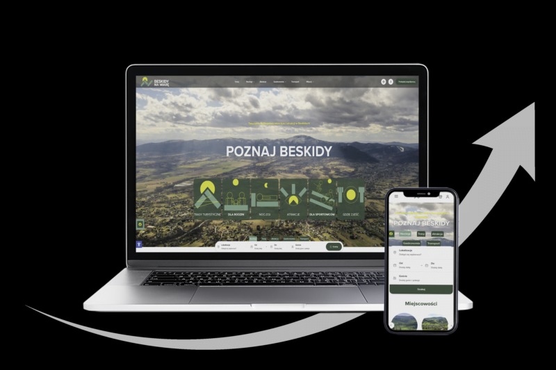 Laptop i smartfon wyświetlające stronę internetową i aplikację mobilną 'Poznaj Beskidy' na czarnym tle ze strzałką wskazującą wzrost.