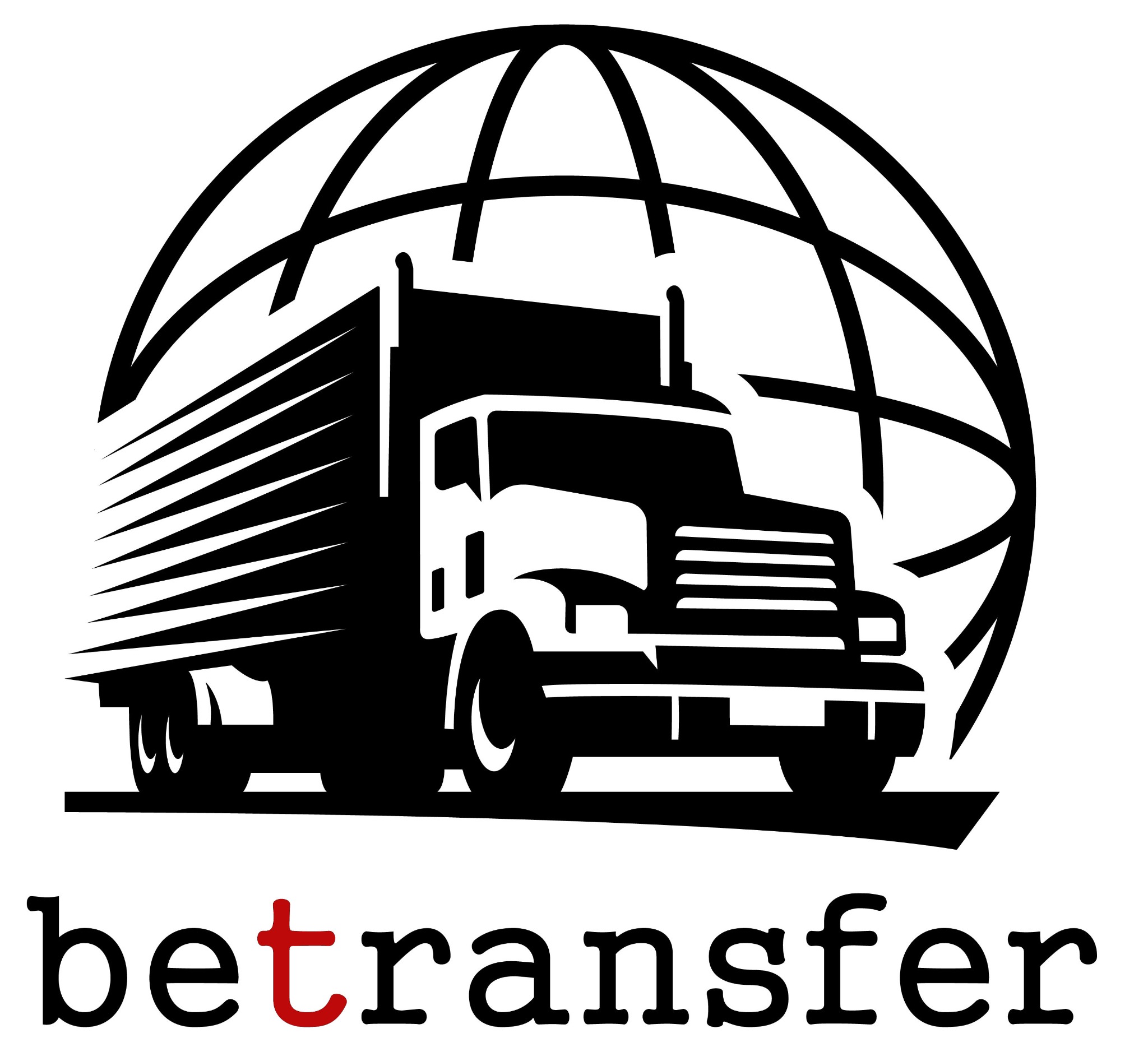 Czarno-białe logo firmy transportowej: ciężarówka na tle kuli ziemskiej z nazwą 'betransfer', gdzie litera 't' jest czerwona.