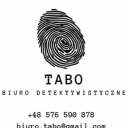 Logo biura z odciskiem palca TABO Biuro Detektywistyczne, numer telefonu i adres email na białym tle.
