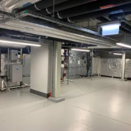 Szara posadzka żywiczna w pomieszczeniu technicznym z instalacjami HVAC, widoczne rury, klimatyzatory i systemy sterowania.
