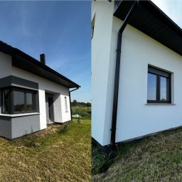 Kompleksowe Wykończenia Wnętrz - Kacper Skrzęta - Nowoczesny dom jednorodzinny z białą elewacją i grafitowymi detalami, widok z dwóch różnych perspektyw, ukazujący wykończoną fasadę i otoczenie.