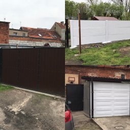 Kompleksowe Wykończenia Wnętrz - Kacper Skrzęta - Biały, betonowy płot i brama wjazdowa na tle zabudowań mieszkalnych i zieleni. Fragment pomalowanej na biało ściany garażu.