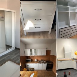 Kompleksowe Wykończenia Wnętrz - Kacper Skrzęta - Kompozycja zdjęć przedstawiająca różnorodne białe meble: szafa przesuwna, komoda z trzema szufladami, zabudowa garderoby z półkami i szufladami, kuchnia z białymi szafkami i brązowymi płytkami...