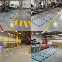 Kompleksowe Wykończenia Wnętrz - Kacper Skrzęta - Oznakowanie podłogi w hali produkcyjnej lub magazynie, z zastosowaniem różnych kolorów farb: niebieskiej, żółtej, czerwonej i zielonej, wyznaczających strefy i ciągi komunikacyjne.