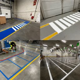 Kompleksowe Wykończenia Wnętrz - Kacper Skrzęta - Cztery kadry przedstawiające malowanie podłogi w hali przemysłowej, widoczne pasy w kolorach białym, niebieskim, żółtym i czerwonym, wyznaczające strefy i przejścia dla pieszych, jeden z kadrów...
