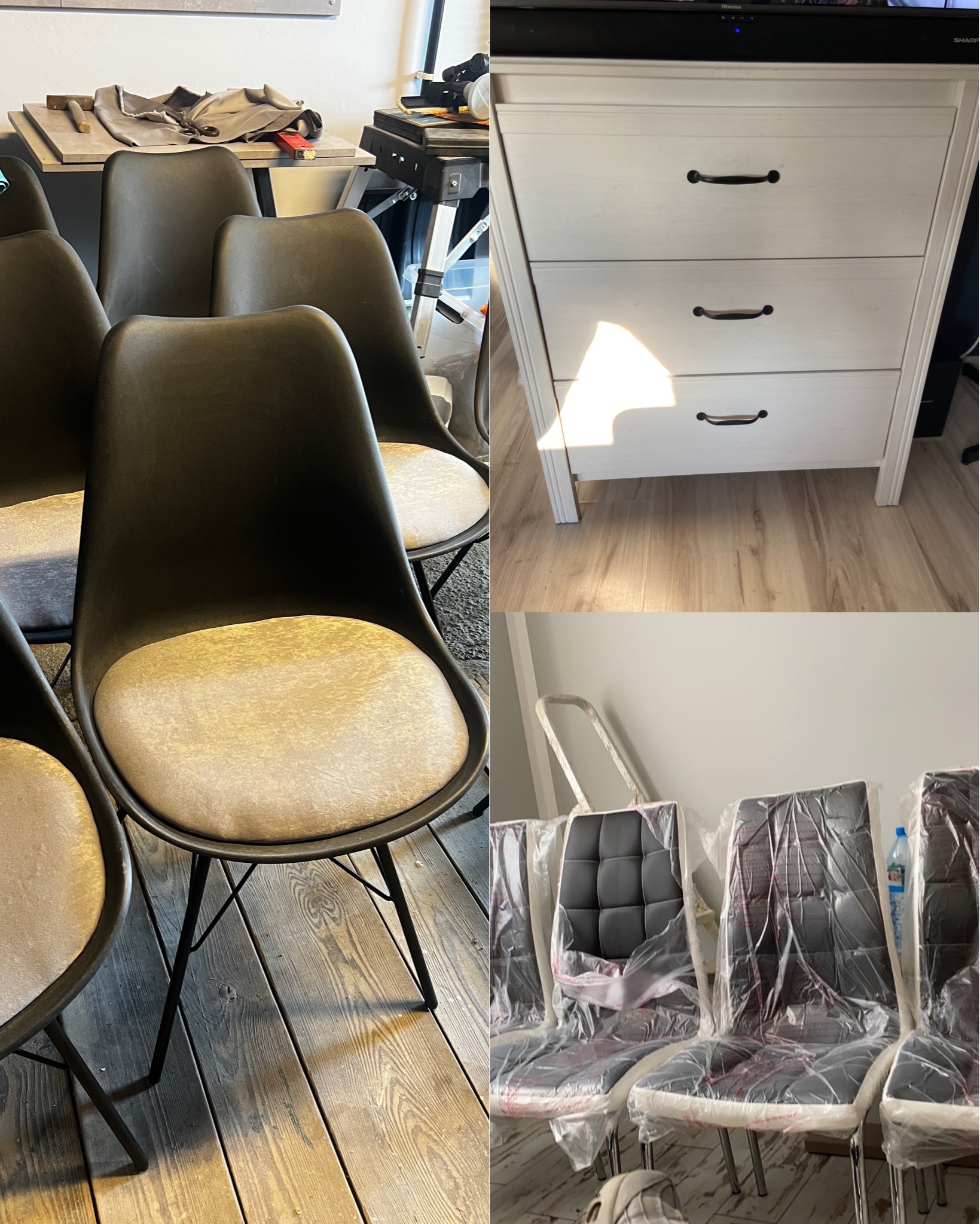 Zestaw krzeseł z ciemnymi siedziskami i metalowymi nogami, komoda z trzema szufladami w jasnym odcieniu oraz krzesła w foliowych opakowaniach.