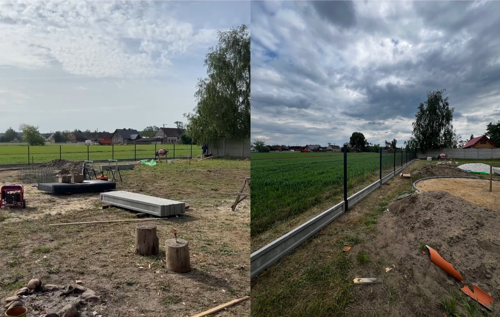 Dwa ujęcia z budowy ogrodzenia panelowego: po lewej przygotowania z generatorem i betonowymi elementami, po prawej częściowo ukończone ogrodzenie z widokiem na pole i pochmurne niebo.