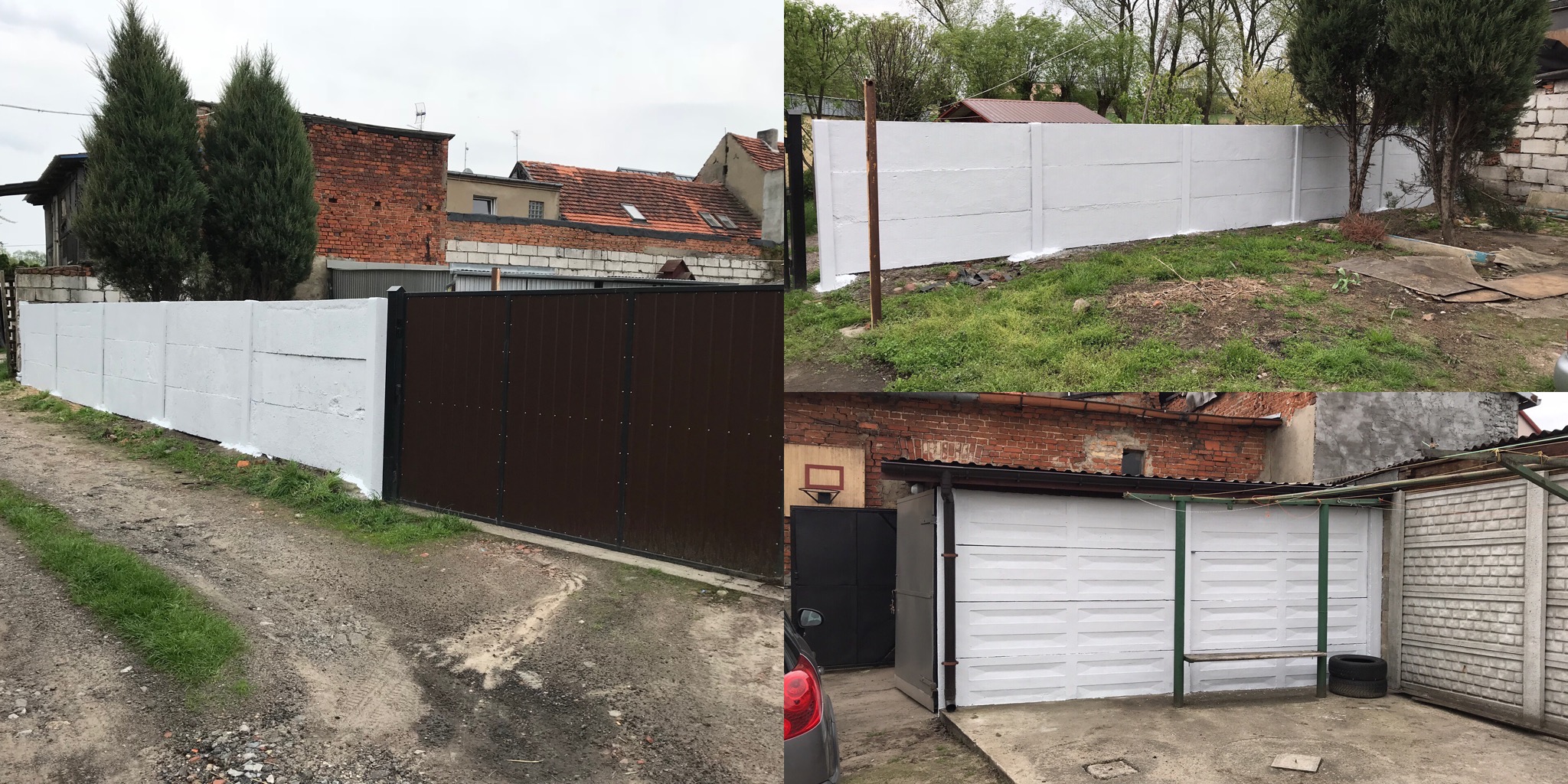 Biały, betonowy płot i brama wjazdowa na tle zabudowań mieszkalnych i zieleni. Fragment pomalowanej na biało ściany garażu.