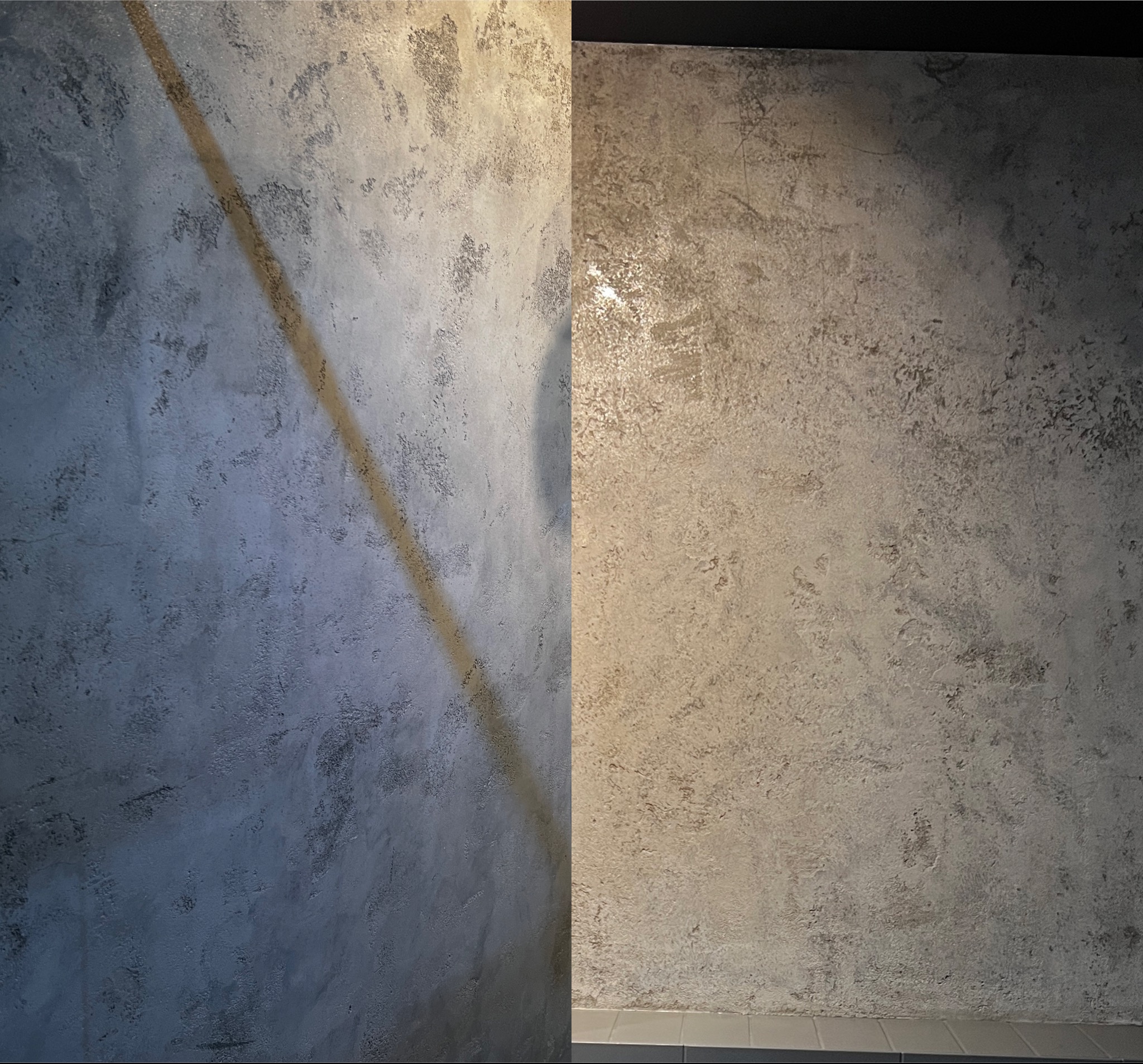 Dwie ściany z dekoracyjnym szpachlowaniem, jedna w odcieniach szarości z wyraźnym cieniem, druga w beżach, z delikatnym oświetleniem.