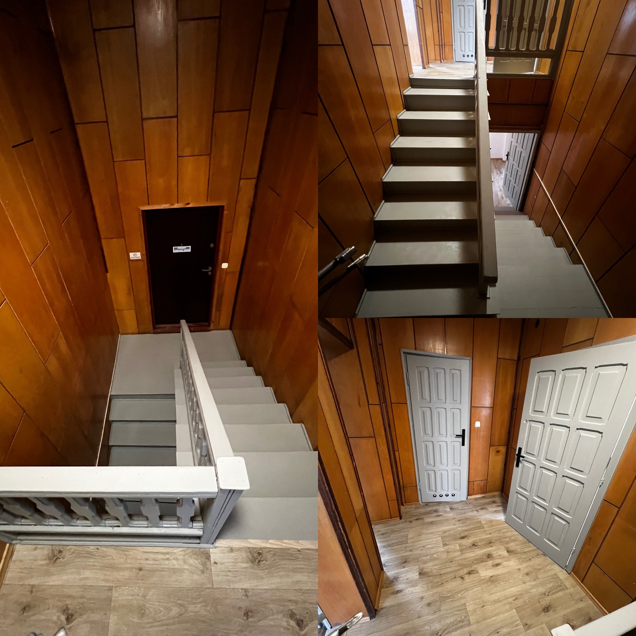 Klatka schodowa z panelami ściennymi w odcieniach brązu, szare schody i drzwi, widok z góry i z dołu schodów.