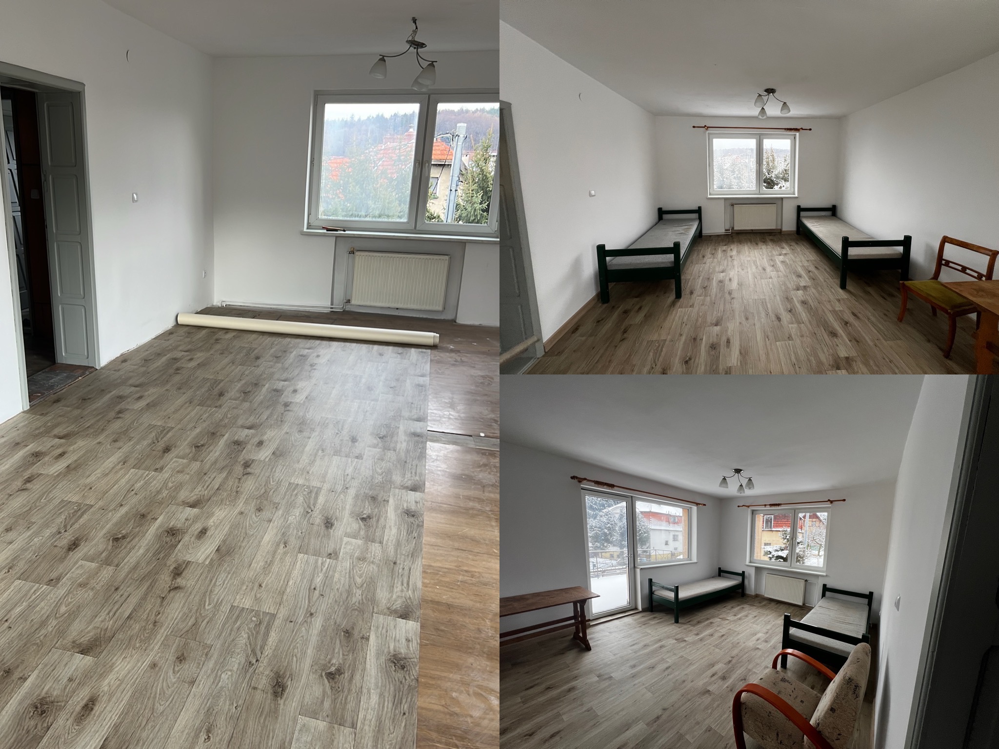 Pokój po remoncie z nową podłogą z paneli, widoczne trzy ujęcia: z rolką paneli przed ułożeniem, z dwoma łóżkami i krzesłem oraz z widokiem na okno i łóżko.