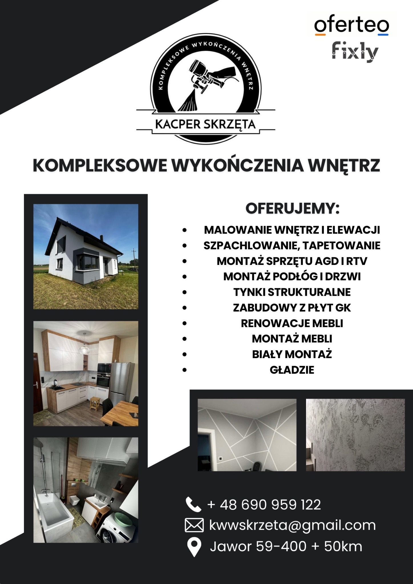 Plakat reklamowy firmy Kacper Skrzęta oferującej kompleksowe wykończenia wnętrz, prezentujący zdjęcia elewacji domu, kuchni i łazienki po remoncie oraz dekoracyjne wykończenie ścian.