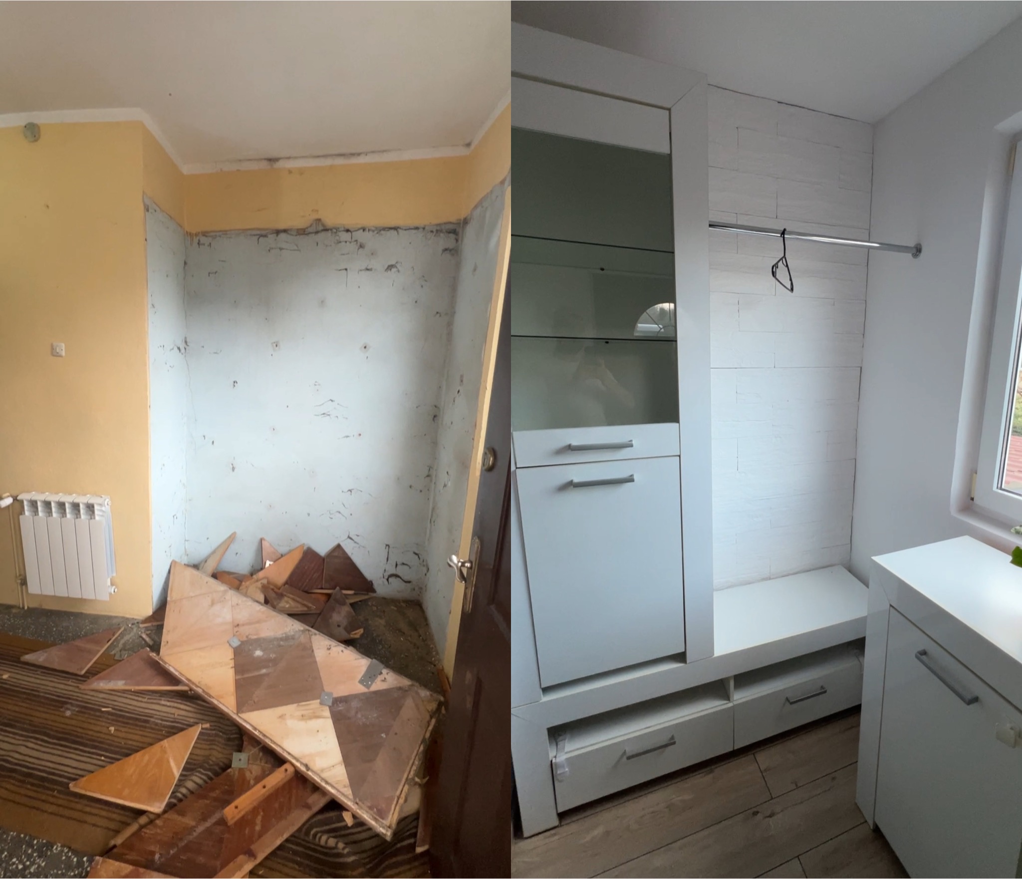 Porównanie stanu pokoju przed i po: po lewej zniszczone ściany, fragmenty podłogi, po prawej białe meble z szufladami i wieszakiem na ubrania, ściana wykończona białymi płytkami imitującymi kamień.