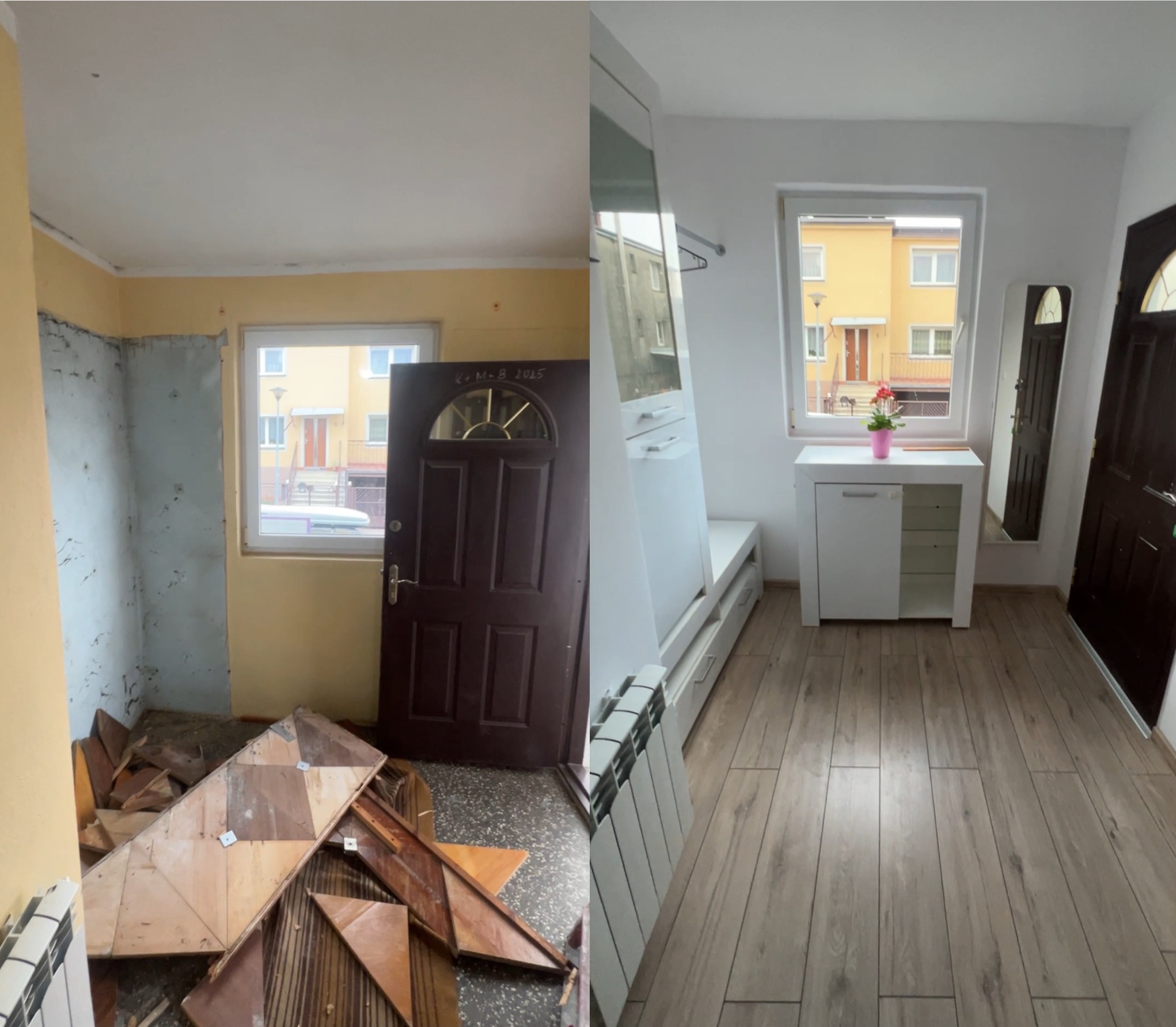 Porównanie stanu korytarza przed i po: zdemontowane panele, surowe ściany i żółta farba kontra nowa podłoga z paneli, białe ściany, szafka i lustro.