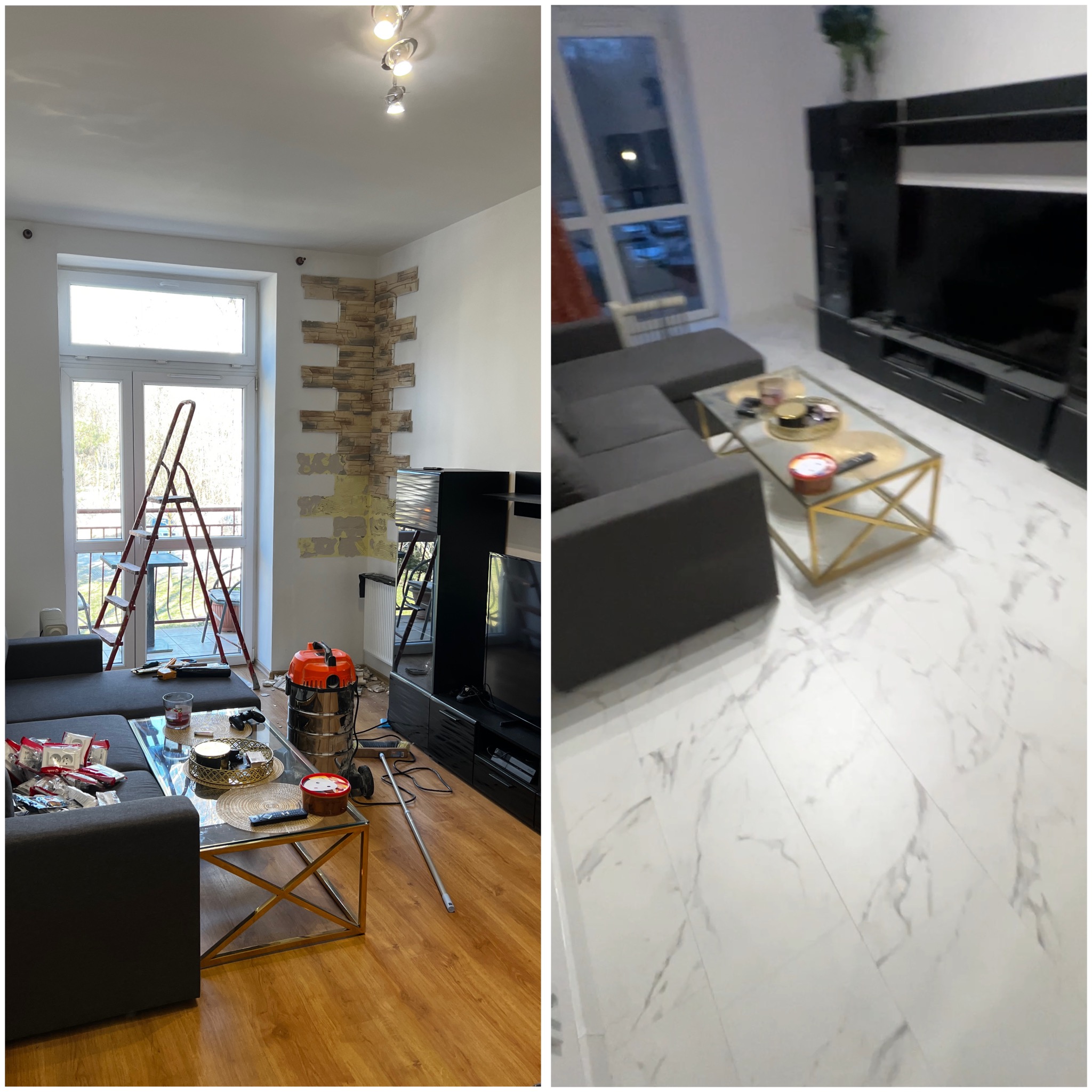Dwie części pokoju: w jednej trwają prace wykończeniowe, widać fragment ściany z imitacją kamienia na wysokości okna, drabinę, odkurzacz przemysłowy oraz meble, w drugiej części pokoju widać...