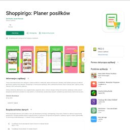 DevStudio Jacek Pietrzak - Strona aplikacji Shoppin'go: Planer posiłków w Google Play, z ikoną listy zakupów i wózka oraz pięcioma zrzutami ekranu interfejsu na smartfonach, prezentującymi funkcje planowania posiłków.