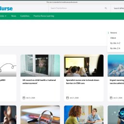 DevStudio Jacek Pietrzak - Zrzut ekranu strony internetowej 'PracticeNurse' z sekcją 'News', prezentujący siatkę artykułów z nagłówkami, datami i miniaturami, w tym o szczepionkach i opiece zdrowotnej.
