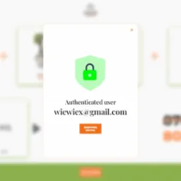 Ekran logowania z ikoną kłódki i adresem e-mail 'wiewiex@gmail.com' na tle rozmytej galerii produktów sklepu internetowego.