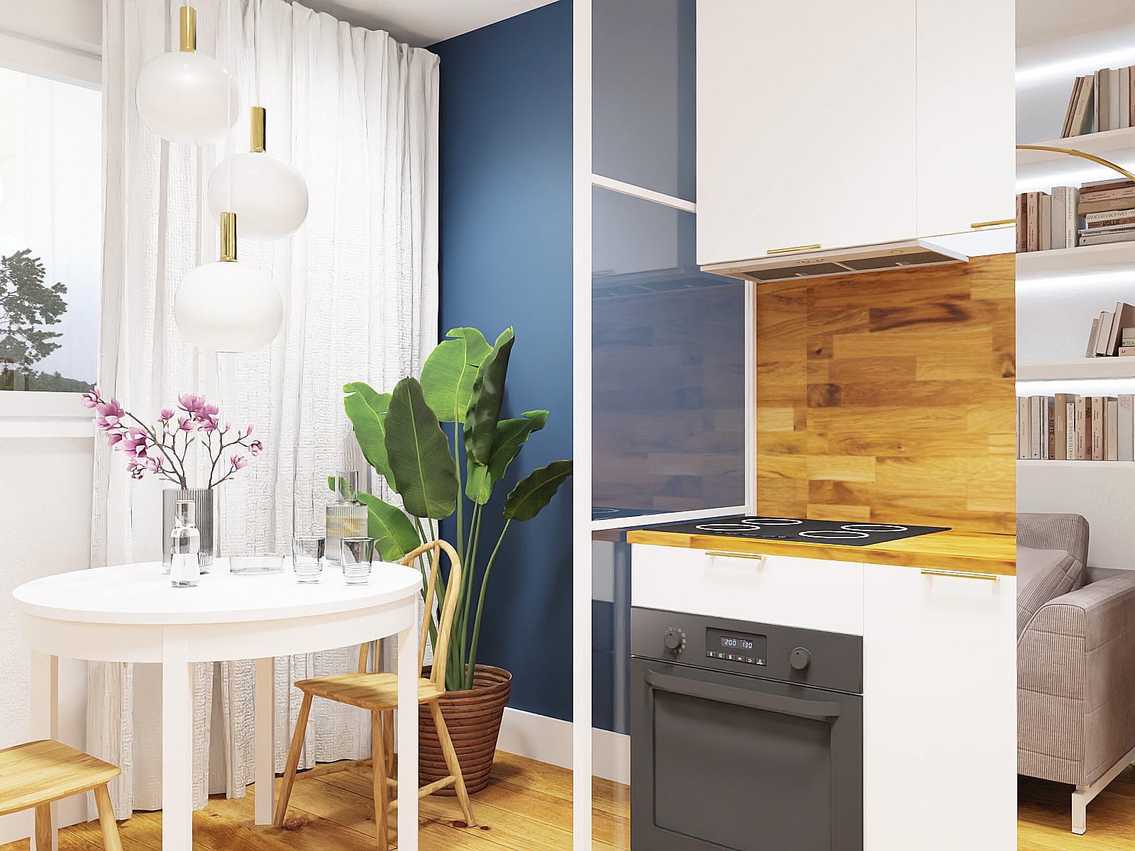 Wnętrze mieszkania z białą kuchnią, drewnianym blatem i okładziną ścienną, okrągłym stołem z kwiatami i lampami wiszącymi.