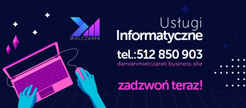 Grafika reklamowa z różowym laptopem, myszką i logo firmy Mielczarek, oferującej usługi informatyczne. Na ciemnoniebieskim tle widnieje napis 'Usługi Informatyczne' oraz numer telefonu i adres...