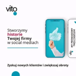 Grafika reklamowa z hasłem 'Stworzymy historie Twojej firmy w social mediach' oraz symbolem kciuka w górę wyświetlanym na ekranie smartfona, obok napis 'My prowadzimy Twój Fanpage', Ostróda.