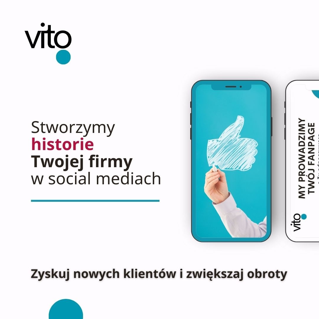 Grafika reklamowa z hasłem 'Stworzymy historie Twojej firmy w social mediach' oraz symbolem kciuka w górę wyświetlanym na ekranie smartfona, obok napis 'My prowadzimy Twój Fanpage', Ostróda.