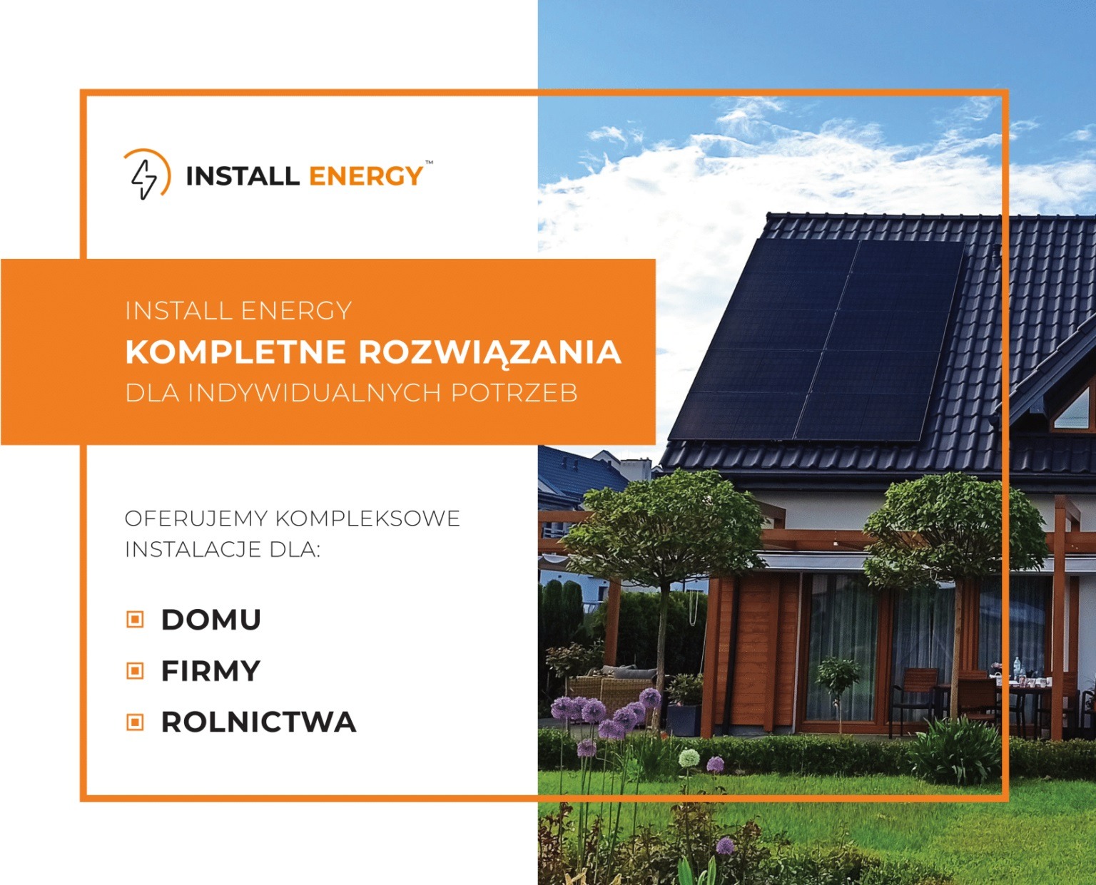 Reklamowa grafika prezentująca dom z panelami słonecznymi na dachu w Tarnowie, z hasłem 'Kompletne rozwiązania dla indywidualnych potrzeb' i logo firmy Install Energy.