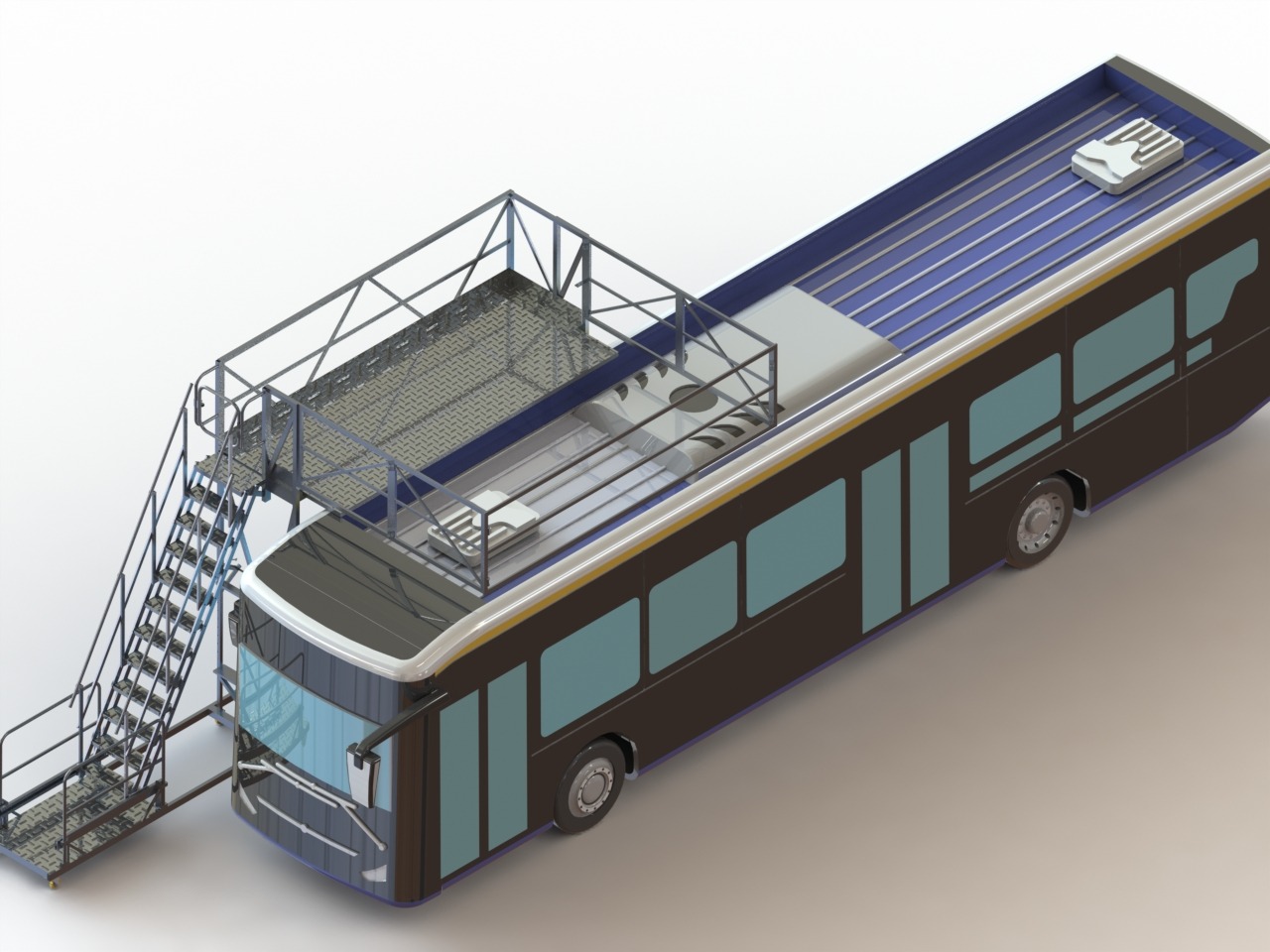 Wizualizacja 3D autobusu z platformą roboczą i schodami, widok z góry pod kątem, na jasnym tle.