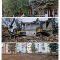 Trzy kadry: budynek przed, w trakcie i po usunięciu; na środkowym ujęciu dwie żółte koparki Volvo pracują wśród gruzu, w tle fragment budynku bez dachu; na dolnym zdjęciu wyrównany teren...