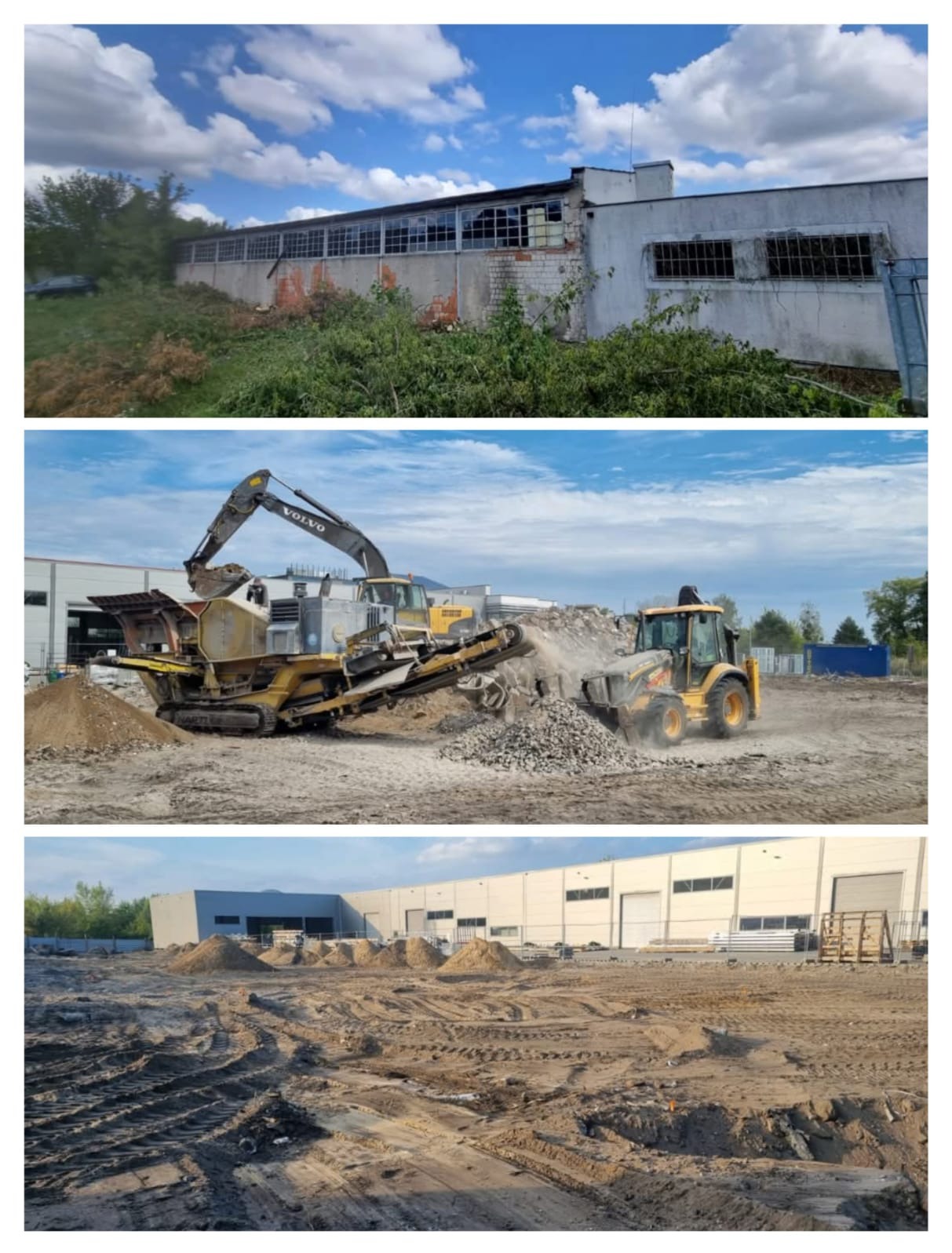 Trzy kadry: zniszczony budynek przed rozbiórką, maszyny budowlane kruszące gruz na placu budowy, wyrównany teren po pracach ziemnych z widocznymi śladami opon.