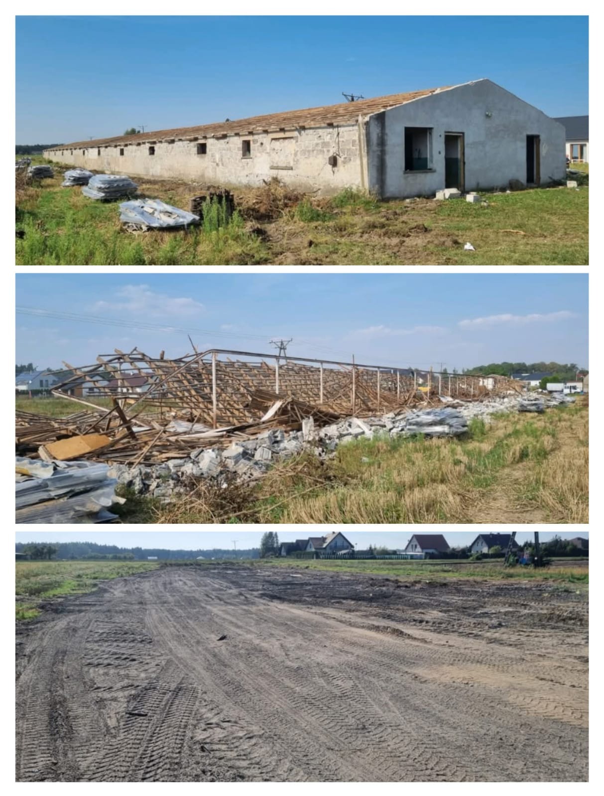 Trzy kadry: budynek przed rozbiórką, budynek w trakcie rozbiórki z widoczną konstrukcją szkieletową i stertą gruzu, oraz wyrównany teren po rozbiórce z wyraźnymi śladami opon ciężkiego sprzętu.