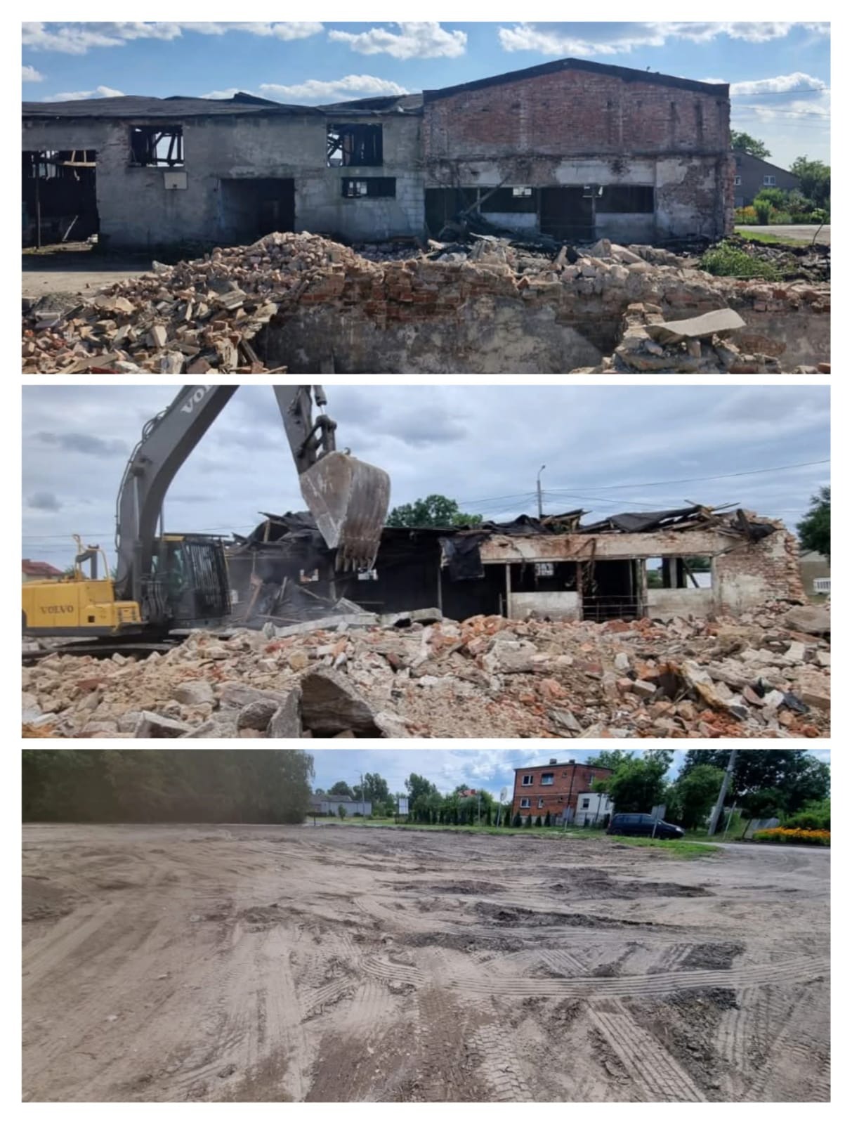Trzy kadry dokumentujące proces demontażu budynku: widok gruzowiska po rozbiórce, koparka Volvo w trakcie prac oraz wyrównany teren po zakończeniu prac.