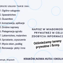 Grafika reklamowa z listą oferowanych usług, w tym: ogólno-usługowe, spawalnictwo, ślusarstwo, konserwacja, drobne naprawy, pielęgnacja ogrodu, lakiernictwo, sprzątanie, mycie okien, renowacja...