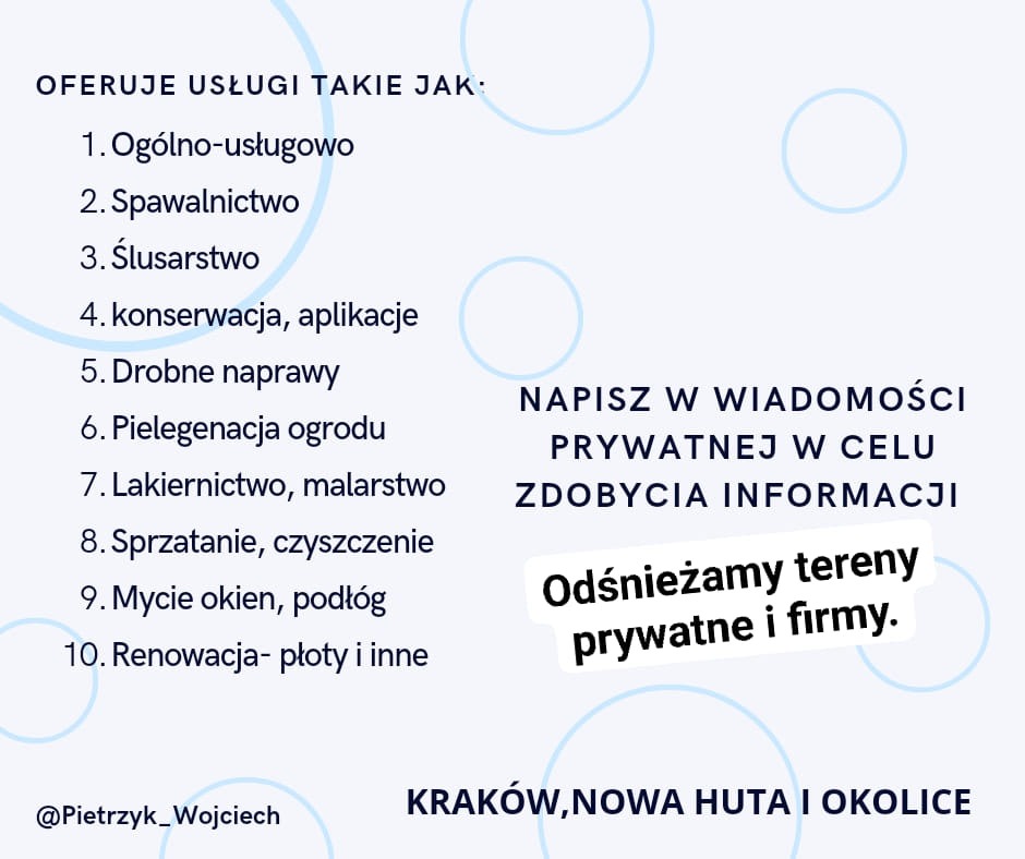 Grafika reklamowa z listą oferowanych usług, w tym: ogólno-usługowe, spawalnictwo, ślusarstwo, konserwacja, drobne naprawy, pielęgnacja ogrodu, lakiernictwo, sprzątanie, mycie okien, renowacja...