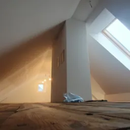 Poddasze po remoncie: drewniana podłoga, białe ściany, okno dachowe, widoczne narzędzia i szmatka, perspektywa z niskiego kąta.