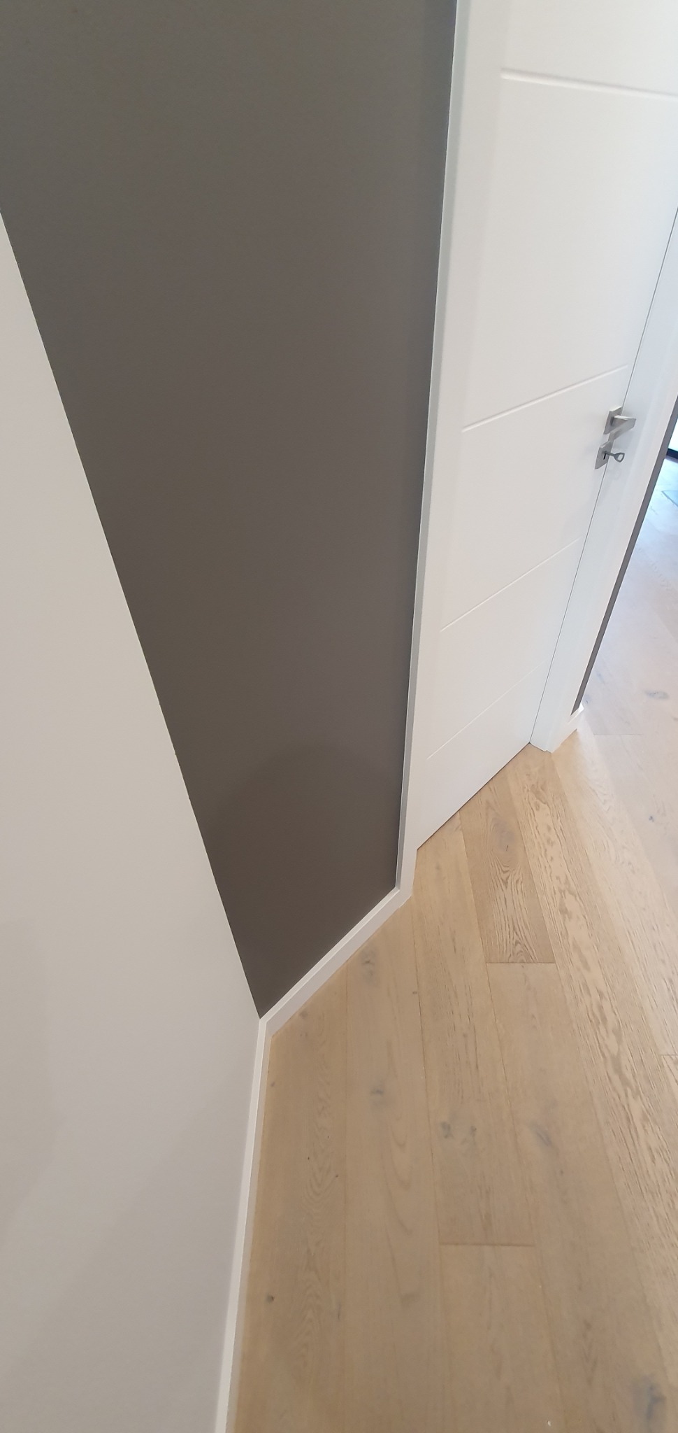 Nowoczesne wykończenie wnętrza: połączenie jasnych paneli podłogowych, białych ścian i drzwi z fragmentem ściany pomalowanej na szaro. Minimalizm i elegancja.