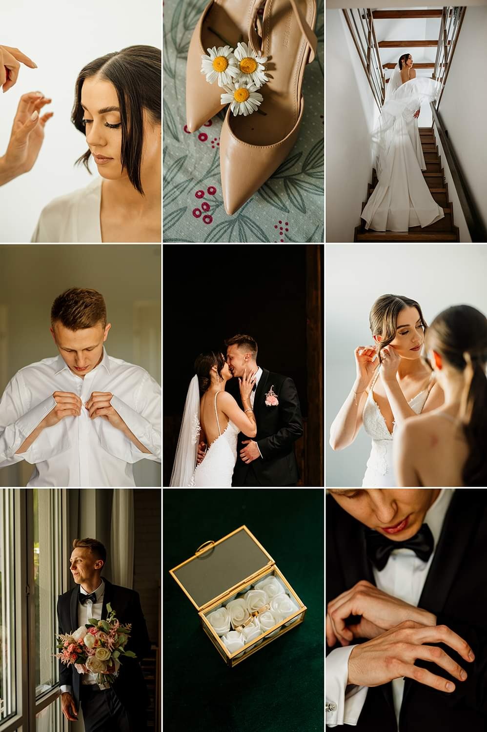 Kolaż z przygotowań do ślubu: panna młoda podczas makijażu, buty z kwiatami, suknia na schodach, pan młody zapinający koszulę i z bukietem, para całująca się, panna młoda zakładająca kolczyki...