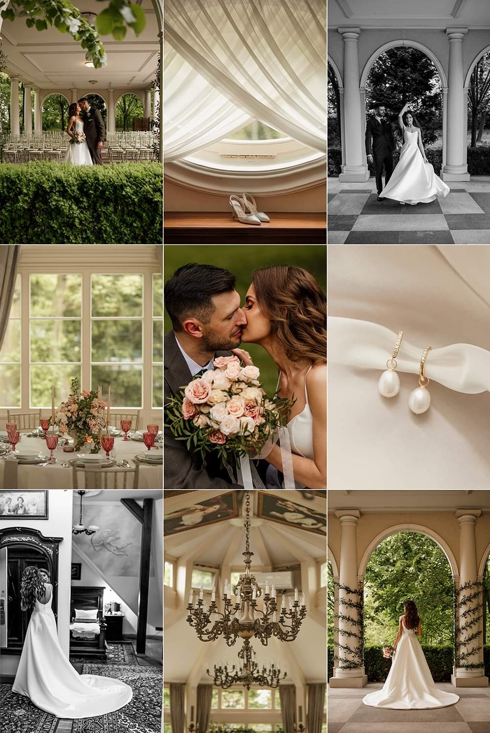 Kolaż zdjęć ślubnych: para całująca się z bukietem róż, panna młoda w sukni przed lustrem, kryształowy żyrandol, buty ślubne na tle okna, kolczyki z perłami i dekoracje stołu z kwiatami i czerwonym...