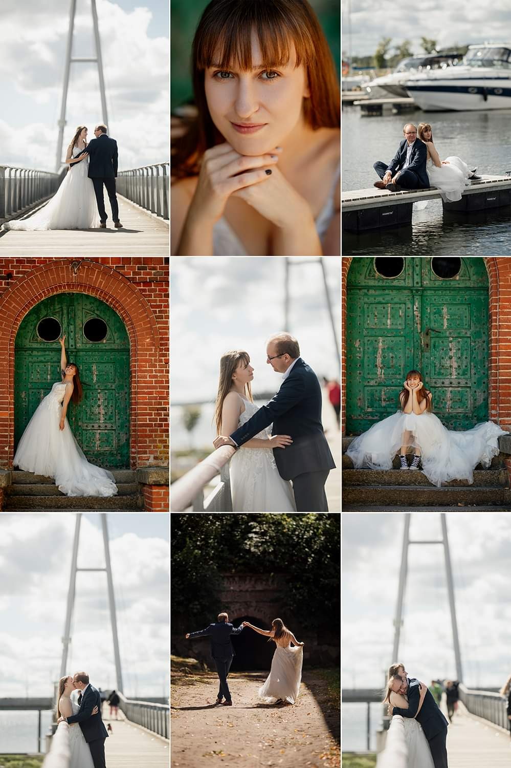 Kolaż zdjęć ślubnych: para na moście, portret panny młodej, zakochani na pomoście, panna młoda przy zielonych drzwiach, para trzymająca się za ręce na ścieżce.