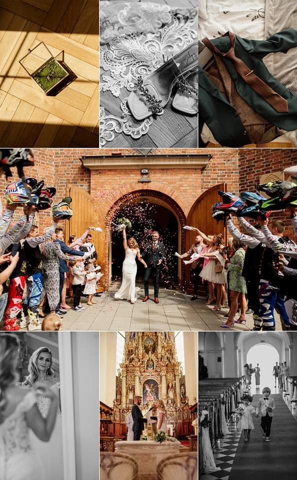 Kolaż zdjęć z przygotowań i ceremonii ślubnej: obrączki w szklanym pudełku, buty ślubne na koronkowej podkładce, garnitur pana młodego, para młoda wychodząca z kościoła obsypywana konfetti, panna...