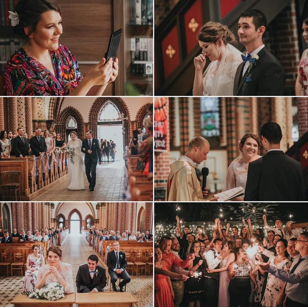 Kolaż z sześciu ujęć z uroczystości ślubnej: przygotowania, wzruszona panna młoda, wejście do kościoła, przysięga małżeńska, goście w kościele i świętowanie z zimnymi ogniami.