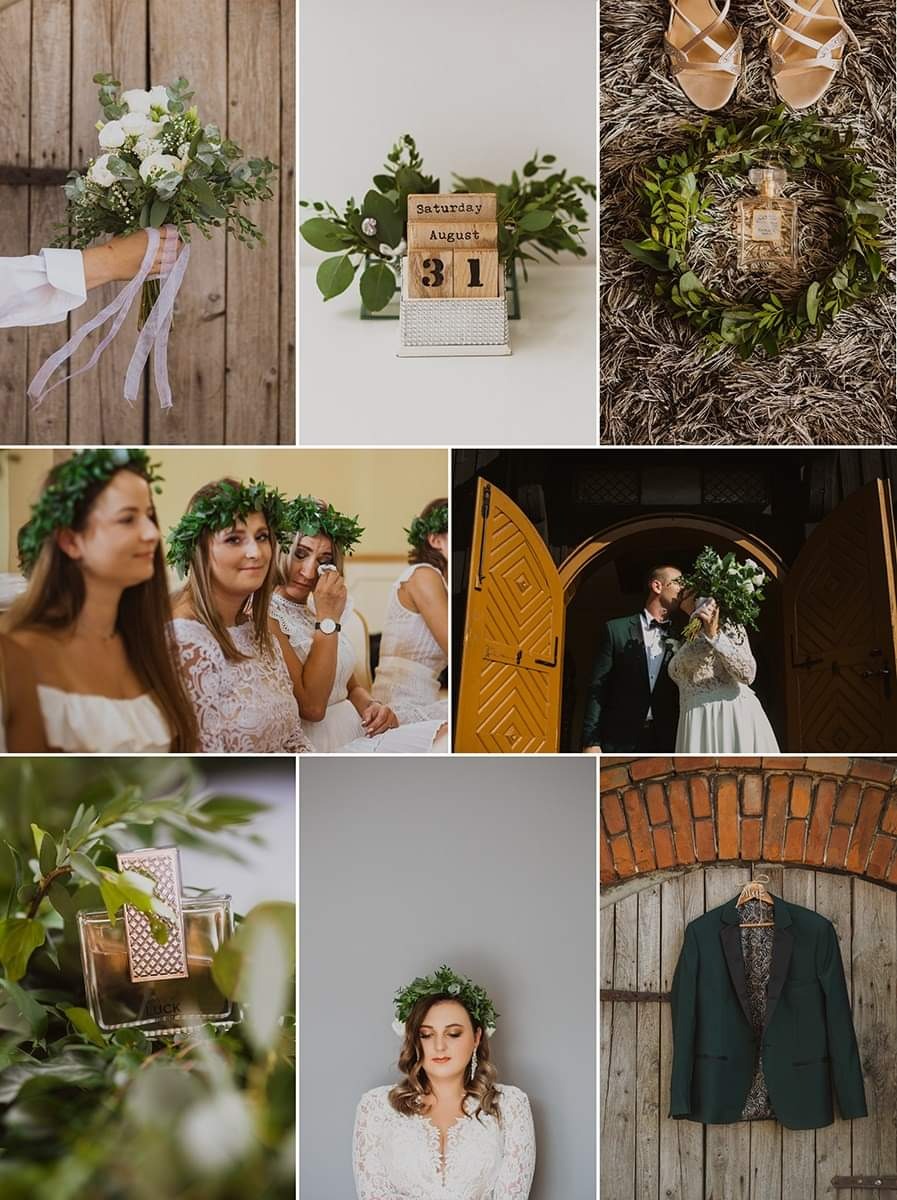 Kolaż zdjęć z uroczystości ślubnej: bukiet ślubny trzymany w dłoni, drewniany kalendarz z datą 31 sierpnia, flakon perfum otoczony zielonym wieńcem, panna młoda z druhnami w wiankach, para młoda...