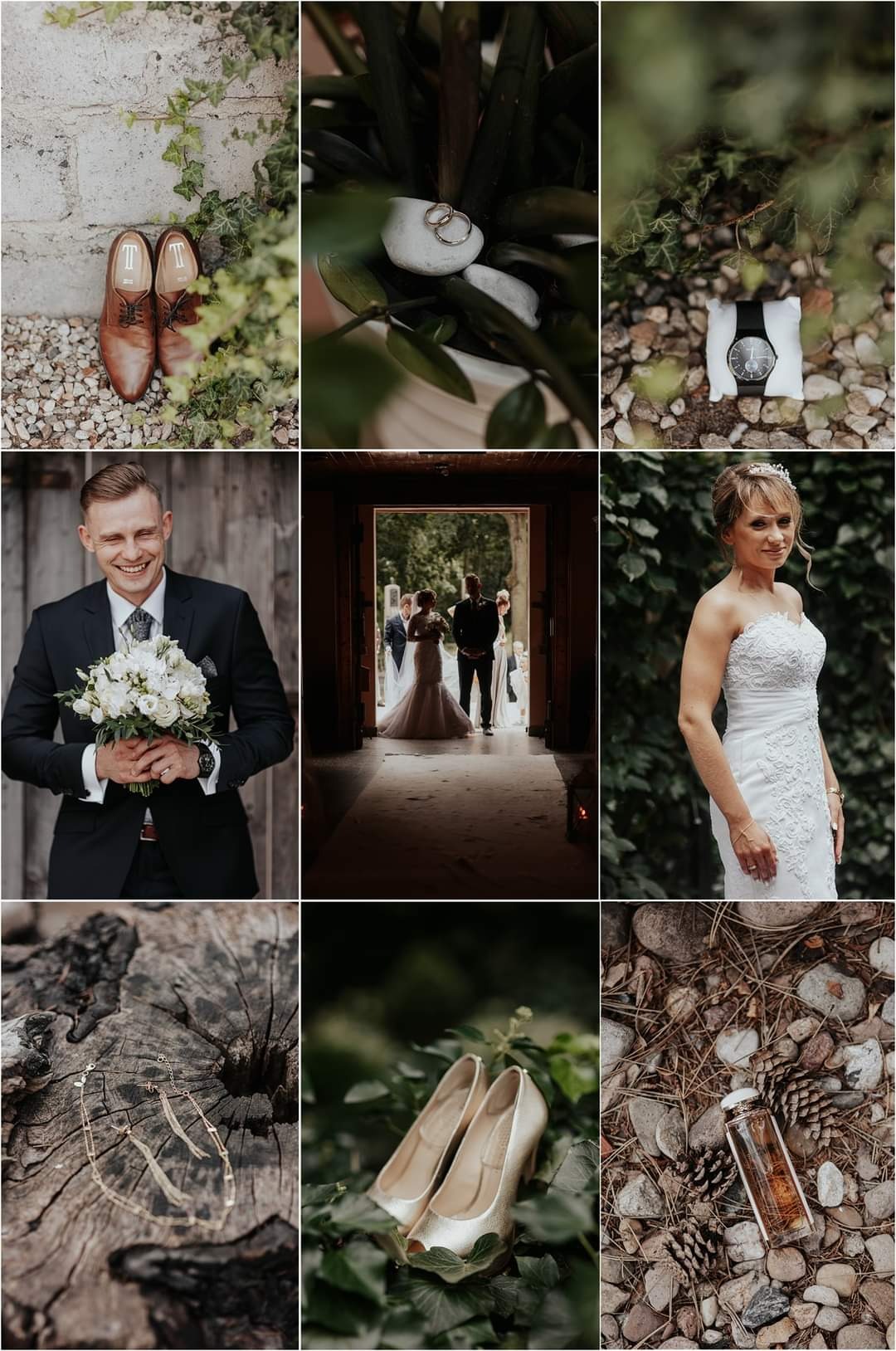 Kolaż detali ślubnych: buty pana młodego przy ścianie z bluszczem, obrączki na kamieniu, zegarek na poduszce, uśmiechnięty pan młody z bukietem, para młoda w drzwiach, panna młoda w sukni, kolczyki...
