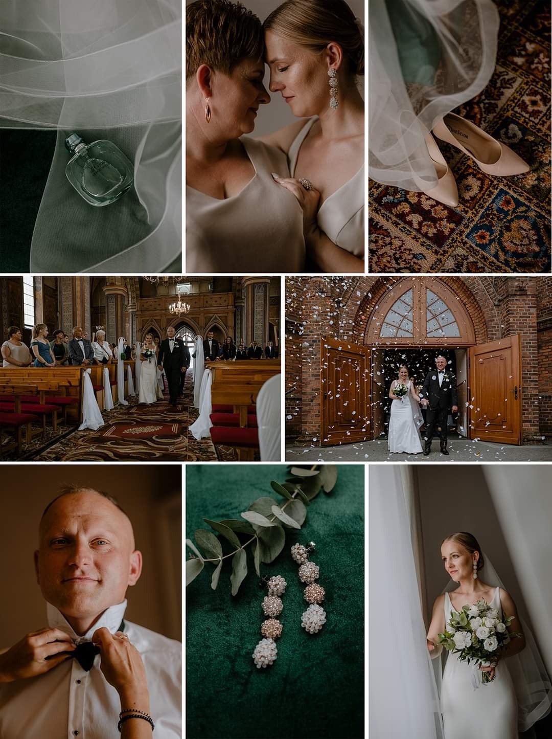Kolaż zdjęć ze ślubu: perfumy na welonie, panna młoda z mamą, buty na dywanie, para młoda w kościele i wychodząca z kościoła, pan młody poprawiający muchę, kolczyki i panna młoda z bukietem.