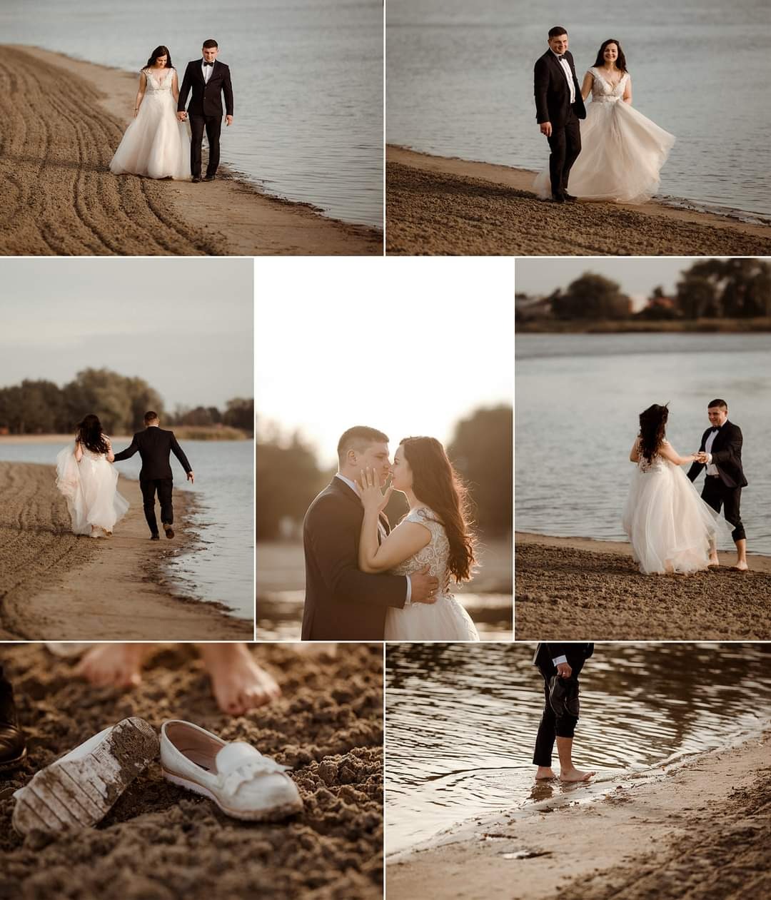 Kolaż ze zdjęć ślubnych: para młoda spacerująca brzegiem jeziora, pocałunek w plenerze, buty panny młodej na piasku